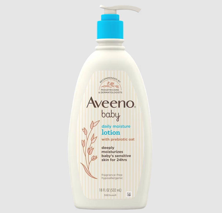 Aveeno Baby Daily Moisture Lotion in a 16 oz pump bottle. The bottle is off-white with a bright blue pump dispenser and a white flip-top cap.