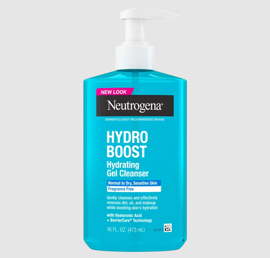 A 16 fl oz bottle of Neutrogena Hydro Boost Hydrating Gel Cleanser with a white pump dispenser, set against a solid light gray background.