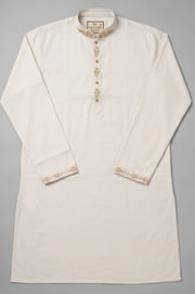 Front view of off-white men’s Punjabi with decorated collar, placket and cuffs