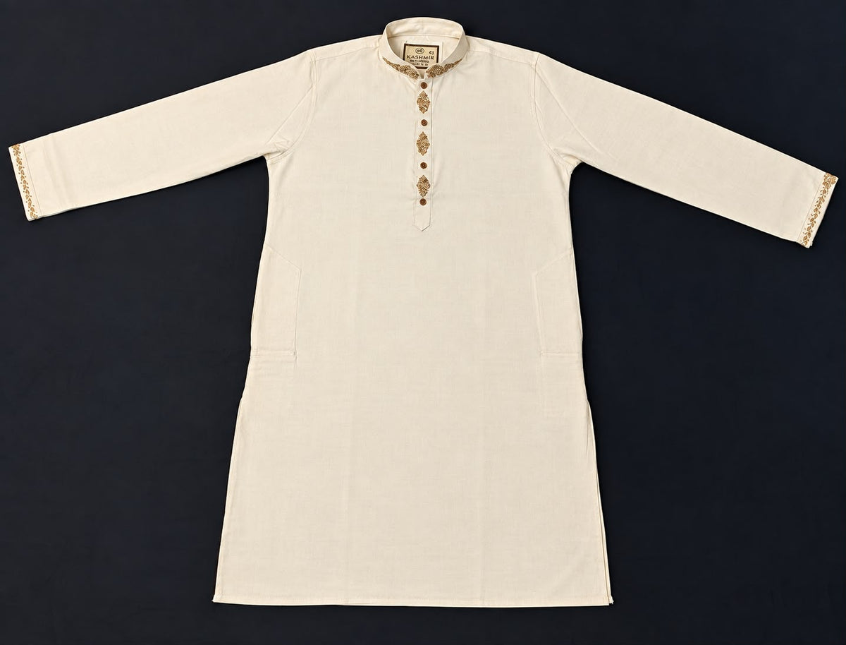 An off-white cotton kurta with gold embroidery on the collar, placket, and cuffs, laid flat against a dark background.