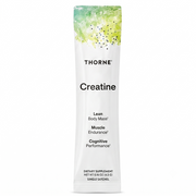 A single Thorne Creatine single-serve sachet on a plain white background. The sachet is white with a green and yellow watercolor splash design at the top and black text listing benefits such as lean body mass, muscle endurance, and cognitive performance.